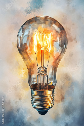 Vintage Lightbulb Watercolor Illustration: A close-up of a vintage incandescent lightbulb, rendered in a watercolor style, exudes a nostalgic charm and a sense of classic simplicity