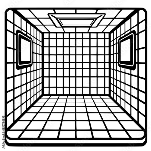 Minimalist geometric room interior with grid pattern design and open ceiling at midday