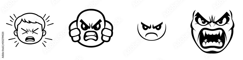 Collection of illustrations depicting different expressions of anger in a minimalist style Collection of illustrations depicting different expressions of anger in a minimalist style