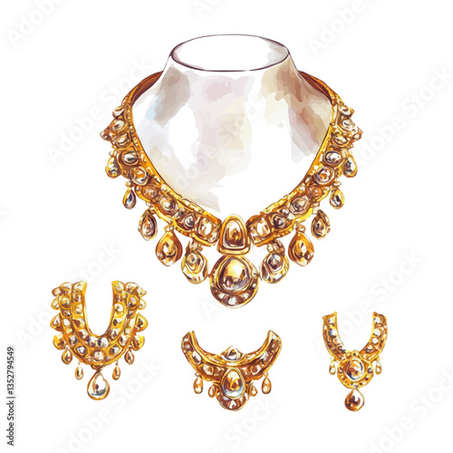 A watercolor vector painting of a classic gold jewelry set, isolated on a white background. Classic gold jewelry set vector.

