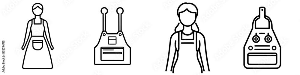Different styles of aprons showcasing various designs and functions for culinary and crafting activities in a minimalist style Different styles of aprons showcasing various designs and functions for culinary and crafting activities in a minimalist style