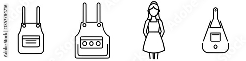 Creative illustrations of aprons and a woman with unique apron designs in a minimalist style