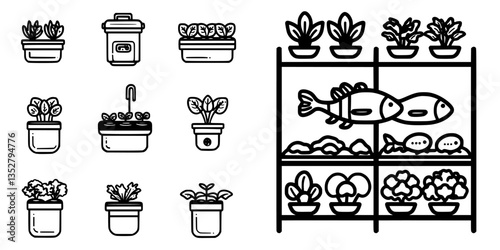 Collection of indoor plants and gardening supplies in a cozy environment with decorative fish