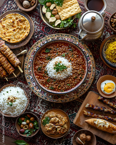An abundant spread of traditional Persian dishes, rich in color and culture, evoking warmth and celebration.