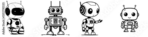 Different types of robots in a playful design arrangement showcasing creativity and innovation in robotics