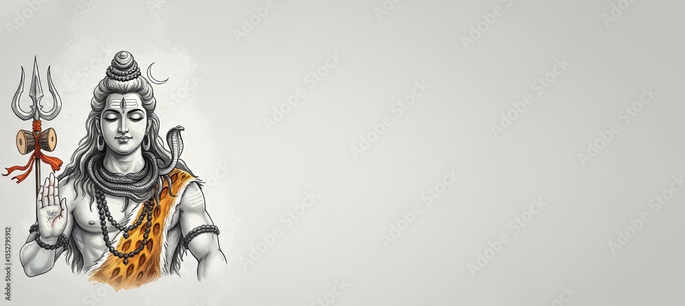 Fototapeta premium Man with trident and snake on his shoulder with third eye for hinduism designs, a traditional indian illustration of deity for postcard and poster design