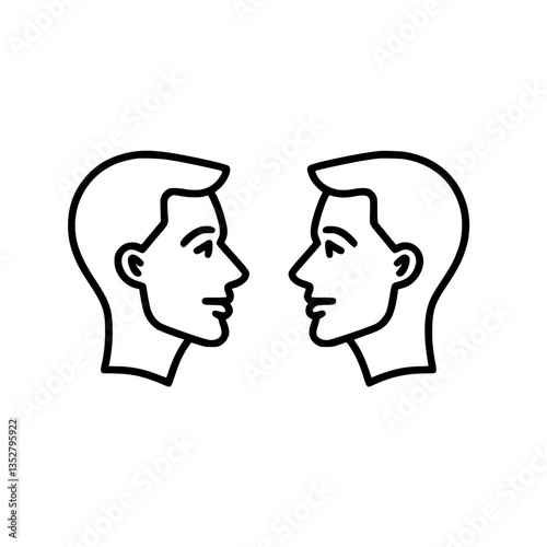 Two side profiles of male figures in a minimalist outline style, engaging in a conversation at an indoor environment