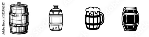 Different types of barrels and containers used for brewing and serving beverages in a brewery setting