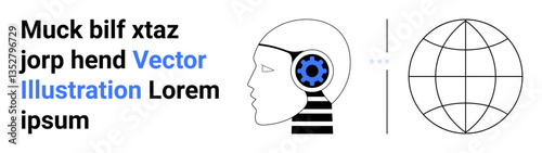 Profile of a human head with a gear inside, globe outline nearby symbolizing technology, global integration, innovation, education, teamwork, artificial intelligence, minimal landing design