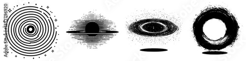 Designs representing various interpretations of galaxies and cosmic phenomena in a minimalist style