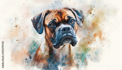 Watercolor illustration of a boxer dog portrait with delicate paint strokes and soft colors