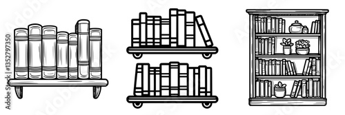 Collection of book illustrations showcasing different bookshelf designs and arrangements in a minimalistic style