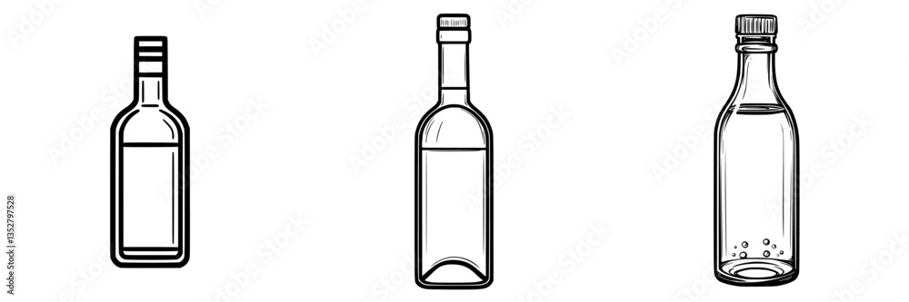 Collection of three empty glass bottles featuring different shapes and sizes displayed on a white background Collection of three empty glass bottles featuring different shapes and sizes displayed on a white background