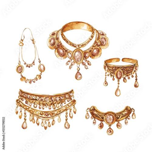 A watercolor vector painting of a classic gold jewelry set with timeless elegance, isolated on a white background. Classic gold jewelry set with timeless elegance vector.

