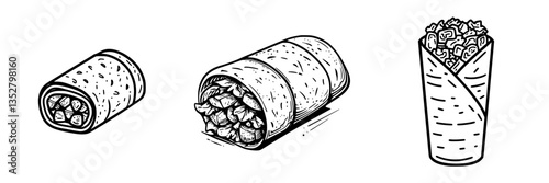 Different styles of wraps showcasing ingredients and presentation in a minimalist design