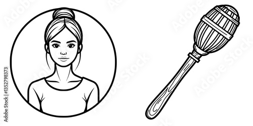 Young woman with a confident expression holding a traditional wooden maraca in a creative outline design