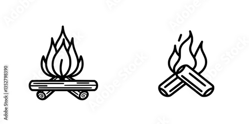 Campfire symbols with flames and logs for outdoor activities, designed as minimalist line art suitable for various uses