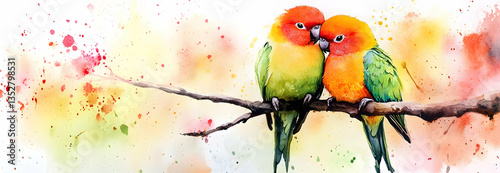 Watercolor lovebirds snuggled together on a branch, with vibrant hues