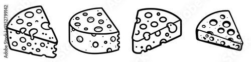 Assorted cheese wedges with distinctive holes on a white background
