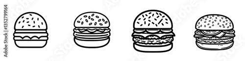 Different types of hamburgers with various toppings and styles displayed on a white background