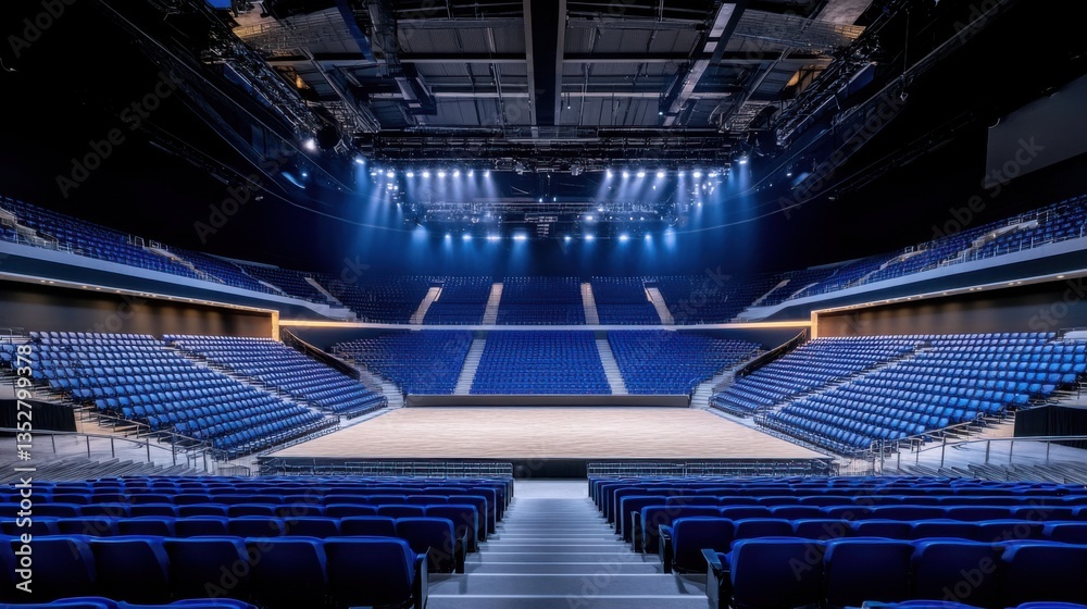 Naklejka premium Empty modern arena with blue seating and bright lights ready for an event or concert performance