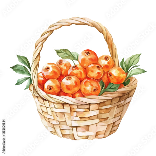 A watercolor vector painting of a cloudberry basket, isolated on a white background. Cloudberry basket vector.

