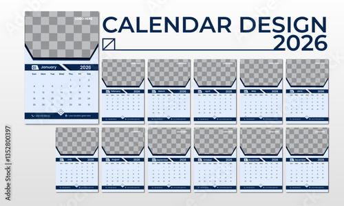 2026 wall calendar design, 12 page calendar design template, Vector. Creative minimal business monthly. Desk, wall calendar for print, digital calendar or planner. Week start on Sunday. 