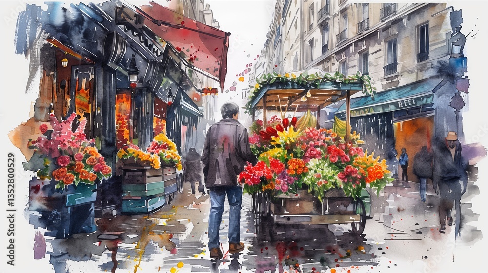 Obraz premium A vibrant street scene in Paris featuring a flower market during a rainy day, showcasing colorful blooms.