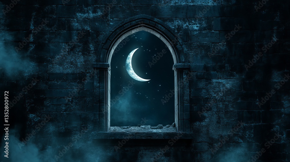 Mystical Window with Crescent Moon Illuminating the Night Sky