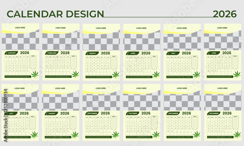 2026 wall calendar design, 12 page calendar design template, Vector. Creative minimal business monthly. Desk, wall calendar for print, digital calendar or planner. Week start on Sunday. 
