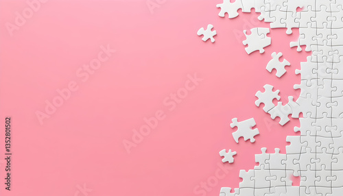White puzzle pieces on a pink background, top view. Space for text.