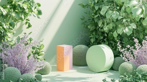 Pastel Geometric Forms Among Lush Greenery photo