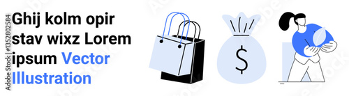 Shopping bags, a money bag with a dollar sign, and an individual holding a plant. Ideal for retail, finance, sustainability, eco-friendly initiatives, consumerism, growth flat landing page banner