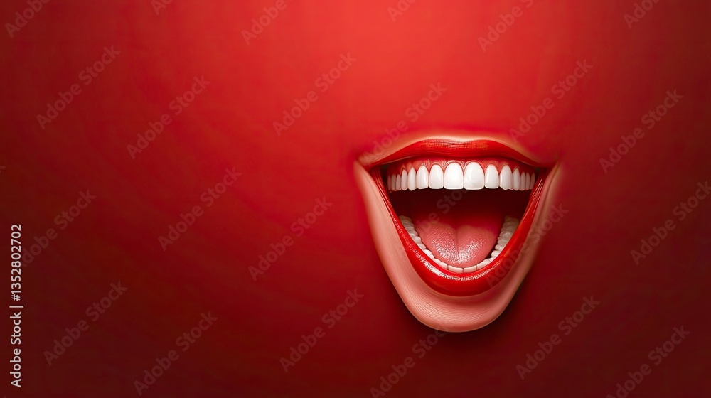Naklejka premium Laughing Mouth with Red Lipstick and White Teeth Against Red Background