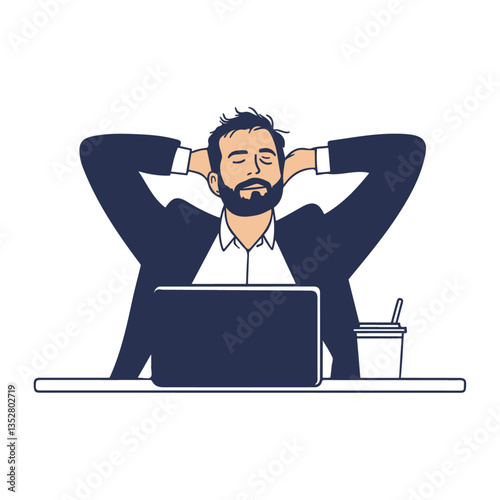 A man in a navy blazer and white shirt, stretching his arms behind his head while sitting at his desk