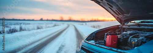 Winter roadside car breakdown with an open hood showing the engine and a portable jump starter booster attached to the battery in a snowy landscape. Themes of rescue, hope, survival, solutions.