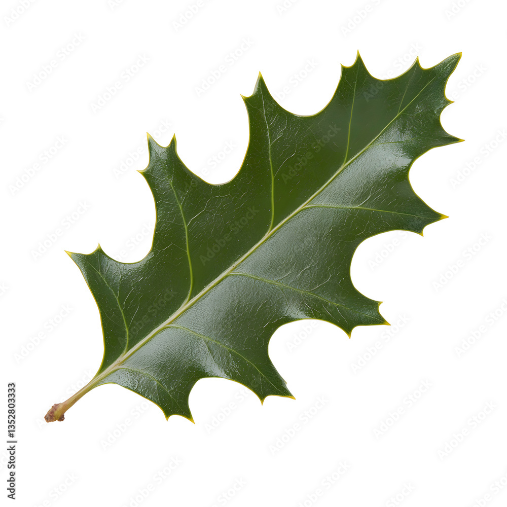 Naklejka premium A vibrant green holly leaf with sharp, spiky edges,Its smooth, glossy surface reflects light, enhancing its natural beauty.