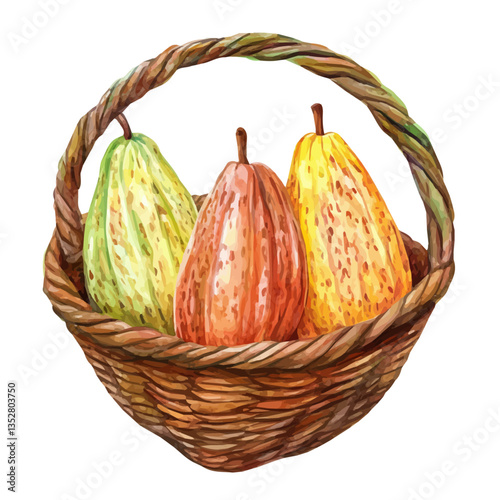 A watercolor vector painting of a cocoa fruit basket, isolated on a white background. Cocoa fruit basket vector.

