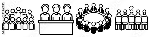 Group dynamics illustrated through various meeting and gathering concepts in a business context
