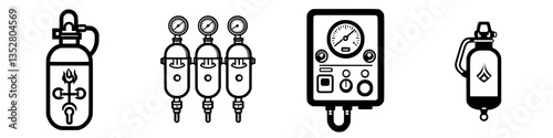 Different types of gas cylinders and related equipment used in various industrial applications