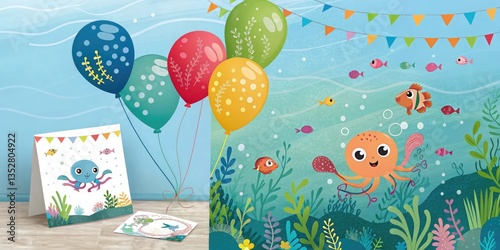 Underwater-Themed Birthday with Fish and Octopus Balloons, Confetti, and a Sea-Themed Flyer.