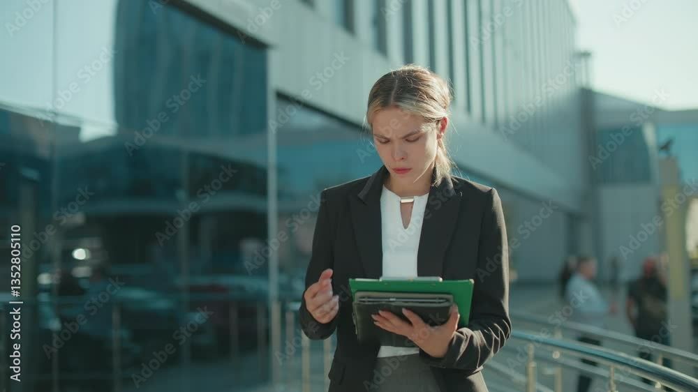 Focused female CEO outdoors in formal attire reviewing documents in folder while walking near modern glass building with pedestrians and parked cars in background on bright sunny day Focused female CEO outdoors in formal attire reviewing documents in folder while walking near modern glass building with pedestrians and parked cars in background on bright sunny day