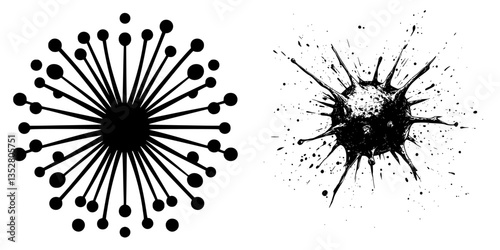 Abstract black and white design featuring radial pattern and splash effect in artistic composition