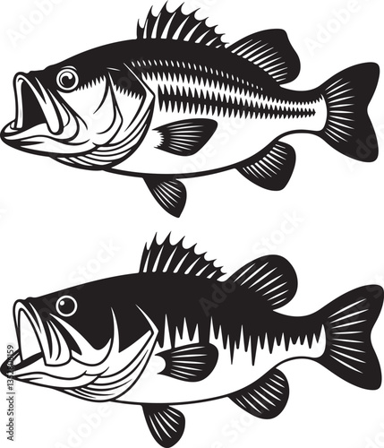 Set of Jumping Bass Fish Silhouette Illustrations, Black and White Fishing Logos, Sport Fishing Clipart