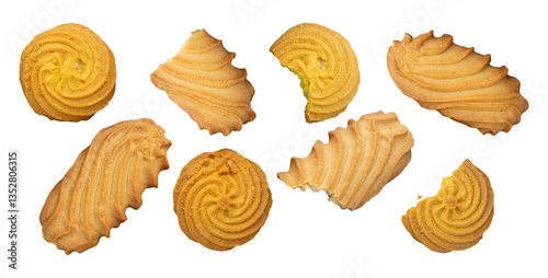 Danish bakery style swirl biscuit cookies flay lay eaten bite taken, isolated against a transparent png background