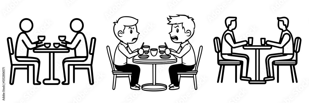 Discussion between friends at a restaurant setting during lunch hour with varying emotions displayed Discussion between friends at a restaurant setting during lunch hour with varying emotions displayed