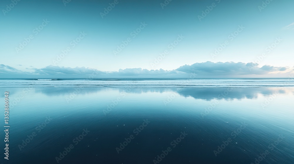 Fototapeta premium Serene beach reflection, calm ocean, sunrise sky, peaceful landscape, travel poster