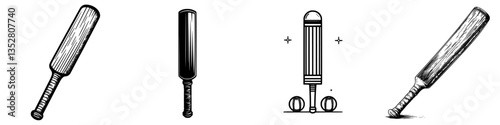 Variety of cricket bats displayed in different styles, showcasing craftsmanship and design in sport equipment illustration