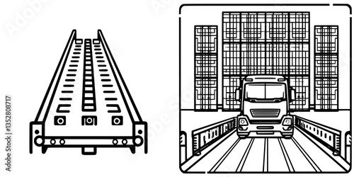Cargo truck entering a loading dock at a warehouse with ramps for easy access