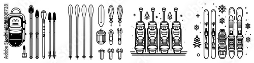Collection of winter sports equipment including skis, poles, and a backpack arranged for skiing preparation